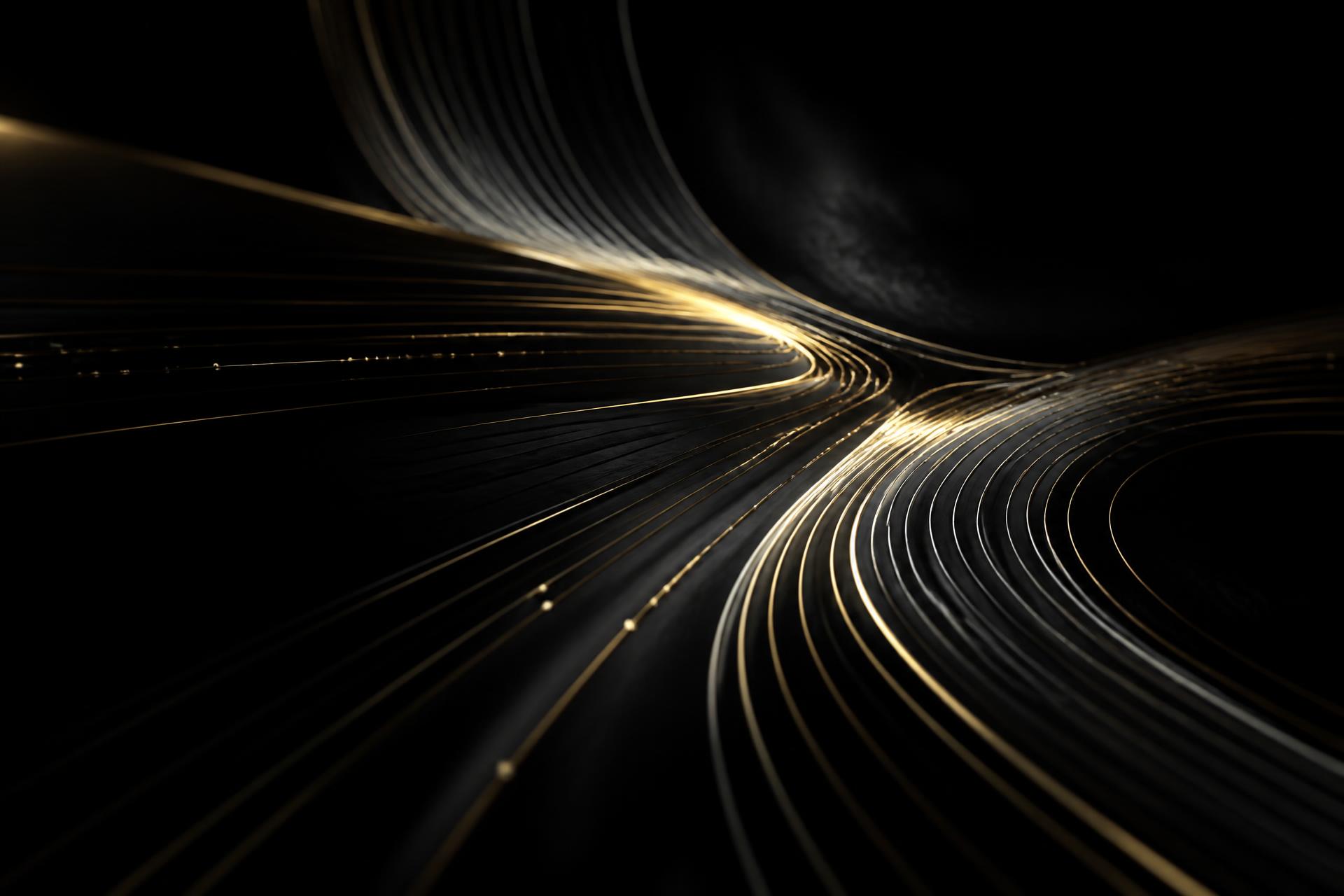Abstract gold and silver light paths on a black background