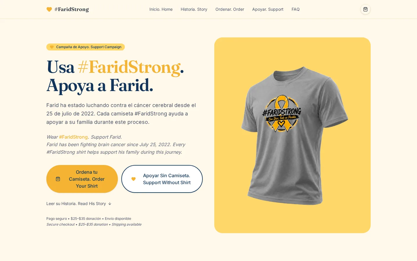 #FaridStrong | Bilingual fundraising and support campaign | desktop homepage screenshot
