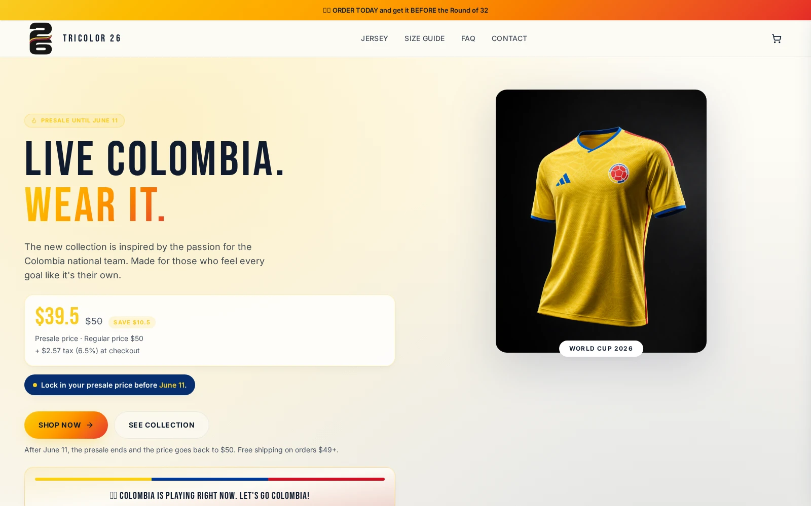 Tricolor26 | Direct-to-consumer e-commerce and campaign storytelling | desktop homepage screenshot